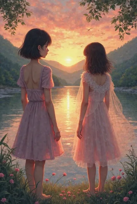 A girl with short hair is looking at the sunset near the river and give the back in picture. The soul with pink dress is beside her and looking the sunset too, but she is pare and see transparent