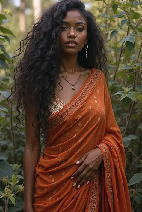 (Photorealism :1.2), indian black beautiful woman, wearing media saree, huge breasts, long curly hair,  outdoor,  soft lighting ,  plants in the background , NUDE POSE,  Realistic, intricate details,  by Greg Rutkowski , by Alphonse Mucha