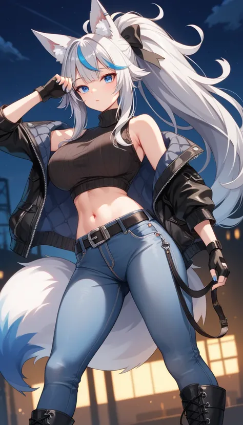 masterpiece, Highest quality, insanely detailed, 1 girl, 
baby face, (Black color fingerless gloves), Black midriff jacket, Late Night,
has expressive eyes, blue eyes, cool eyes, 
Ponytail, big hair flaps,  Silver Hair, 
Big Breasts, 
Sky Blue ((streaked h...