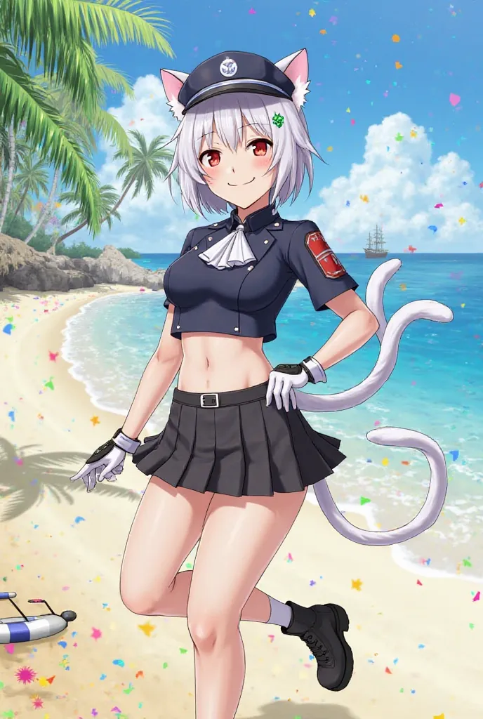 First Image (Japanese Freya Girl)

Character: Silver-haired, red-eyed, cat-tailed female fighter.

Outfit: Dark blue and japanese-style uniform, cropped jacket, black pleated skirt, gloves, cap, short white socks and black boots.

Environment: Tropical bea...