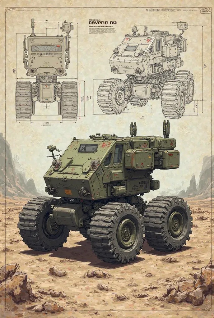 blasted view engineering drawing of small military rover bot