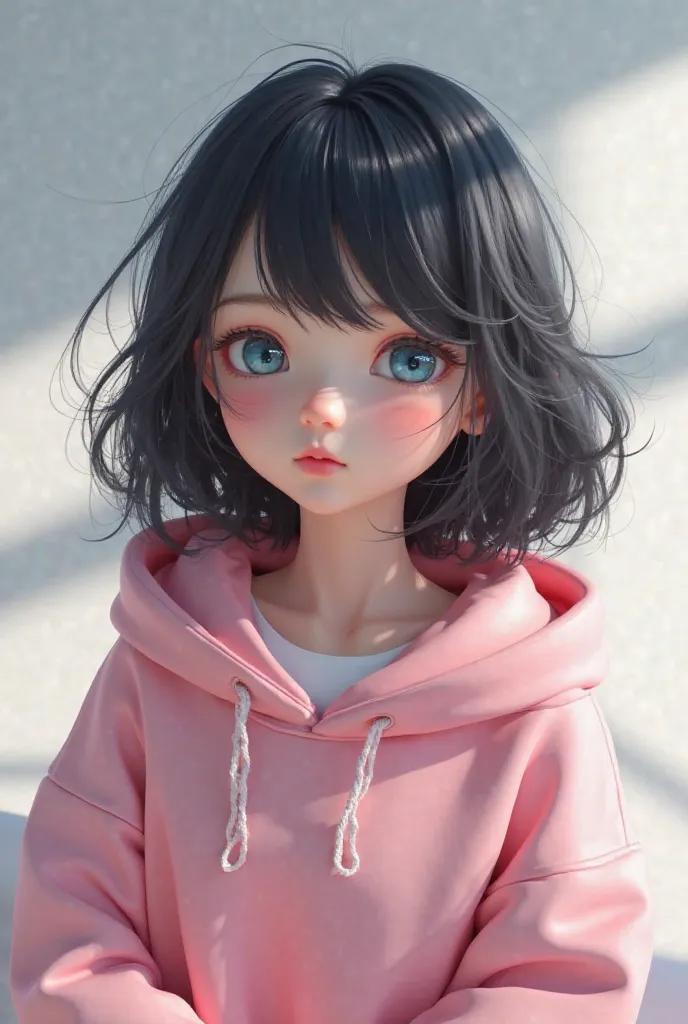 3D Images。with a semi-long hairstyle and black hair。Eye color is sky blue。Slight makeup。Clothes are large pink hoodies and 