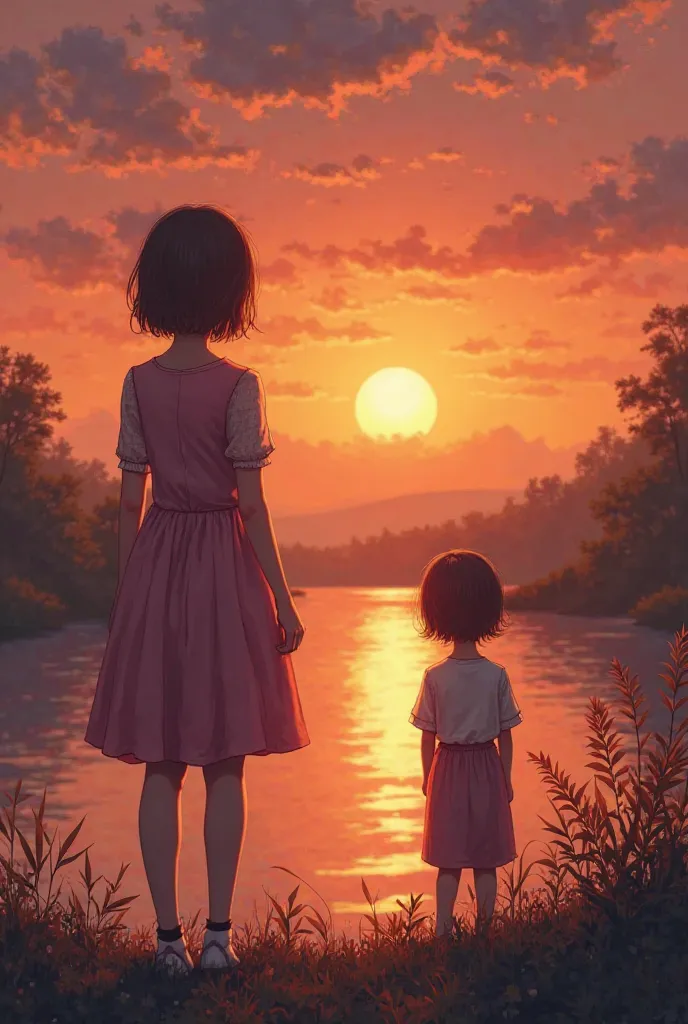 A girl with short hair and pants is looking at the sunset near the river and give the back in picture. The soul girl with pink dress is beside her and looking the sunset too, but she is pare and see transparent