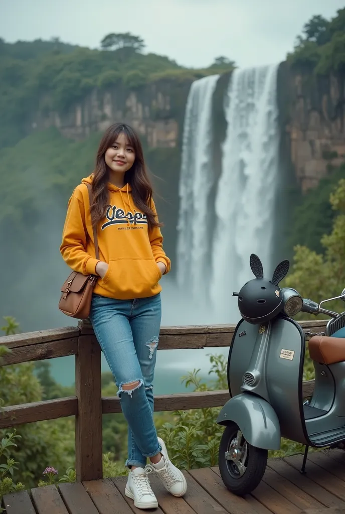 A serene Indonesian woman with porcelain skin and dark brown hair flowing down her back, stands casually on a weathered wooden deck, her slender body leaning against a worn railing, while a vintage Vespa scooter sits beside her, with a majestic waterfall i...