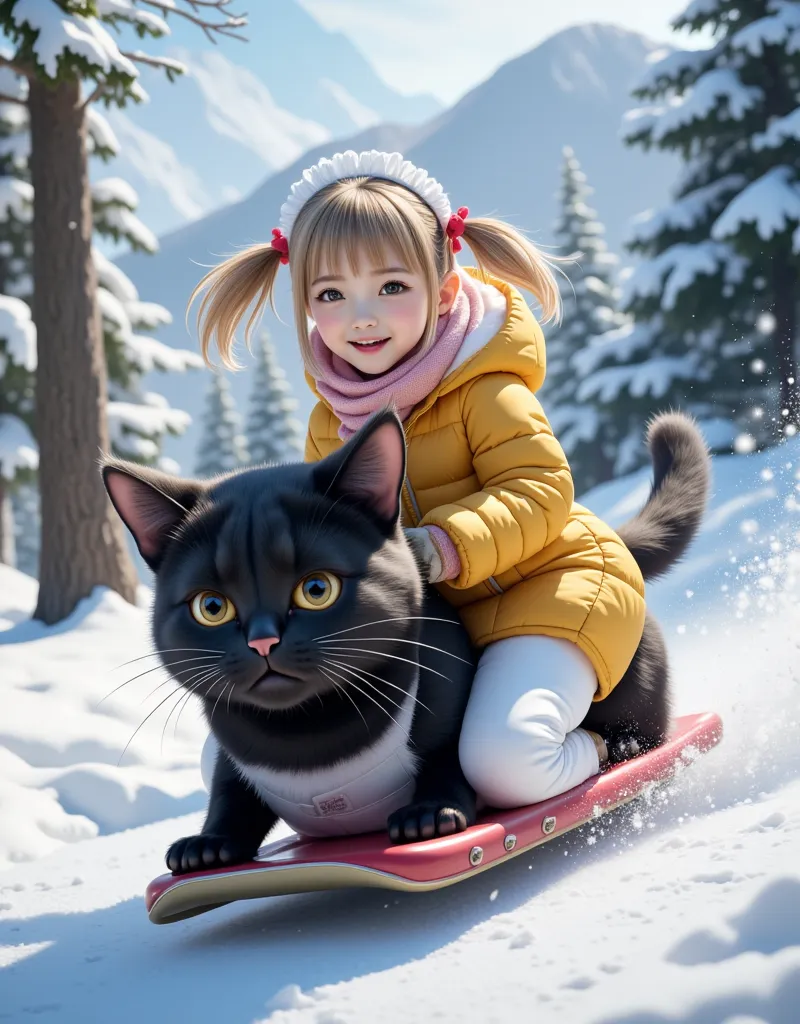 score_9,score_8_up,score_7_up,score_6_up,score_5_up,score_4_up,source_real photo,Ultra-realistic,Photorealistic,Ultra-realistic,Photorealistic,Dramatic Scene,Global Illumination, A huge black cat and a girl about  are playing in the snow in a snow-covered ...