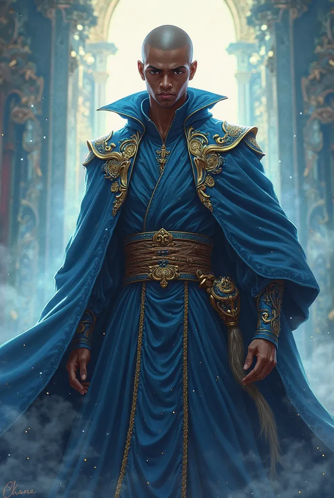 anime style. YOUNG MAN WITH BLACK SKIN AND BALD, VERY BIG AND HANDSOME. STYLE WEARS A BLUE WIZARD OUTFIT WITH GOLD DETAILS