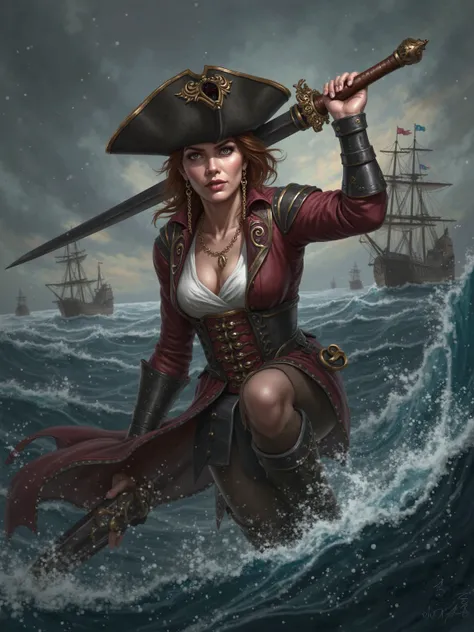 Fully detailed art of post great pirates evil scary sexy capitan female attacking dynamic action with sword 