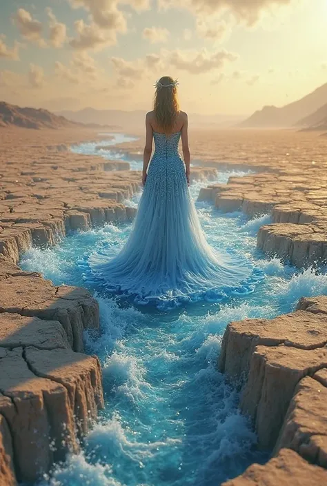 Here’s a new prompt based on your request for a desolate cracked land where blue seawater spreads from the lady’s body, portraying her as a water-generating queen:

"A breathtaking high-quality 3D animated scene set in a desolate, arid landscape of brittle...