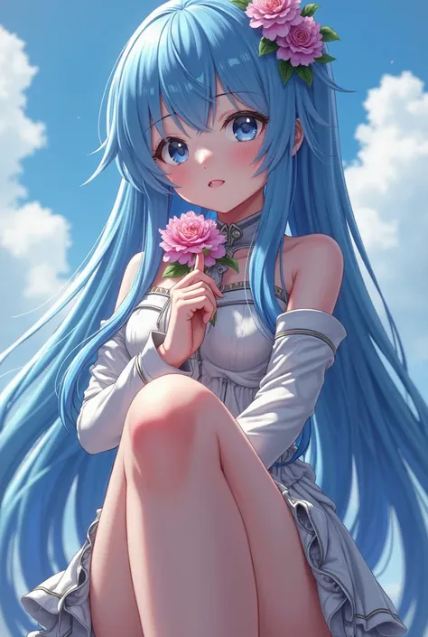 anime girl with blue hair and blue eyes holding a flower, macro giantess, detailed foot pov, with index finger, anime cgi, the forefoot to make a v gesture, highly detailed giantess shot, giantess shot, anime cgi style, from the azur lane videogame, biomec...