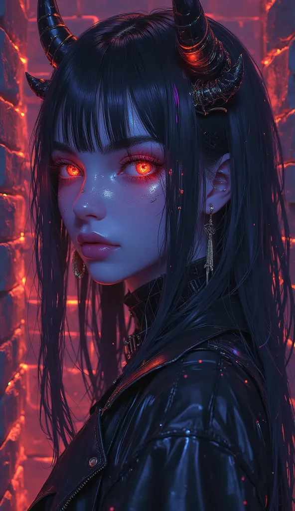 blacklightdskStyle, 1girl, solo, long hair, looking at viewer, bangs, black hair, hair between eyes, jewelry, closed mouth, jacket, upper body, multicolored hair, earrings, horns, pointy ears, from side, orange eyes, glowing, piercing, slit pupils, demon h...