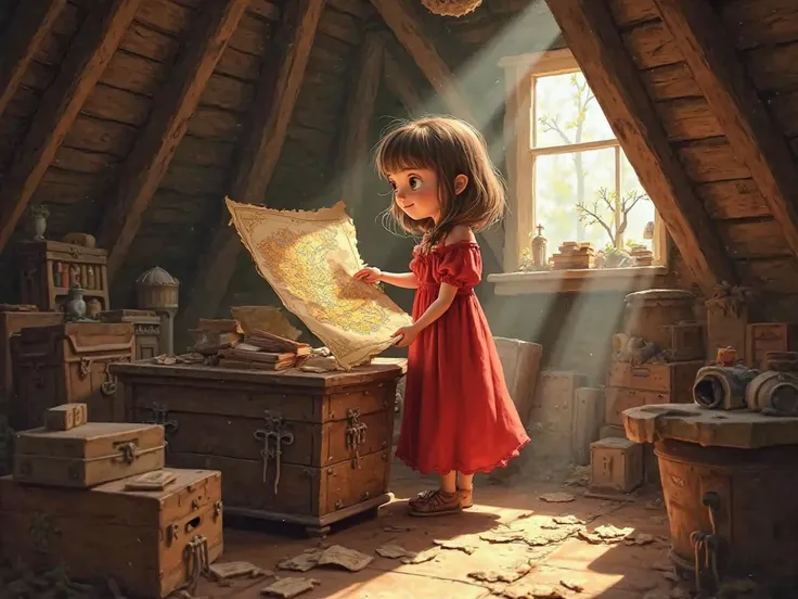 Inside a dusty attic filled with old wooden boxes and books, Emma (wearing a red bright dress) discovers an ancient map inside a small wooden chest. She holds it up to the sunlight streaming through a tiny window. A mysterious note falls from the map, and ...