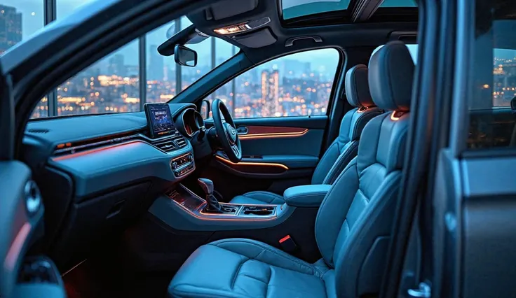 **"A futuristic 2025 Tata Punch Micro SUV interior displayed in a high-tech showroom with sleek, ambient lighting. The image captures a side-angle view of the cabin, showcasing its modern and premium design. The dashboard features a large, high-resolution ...