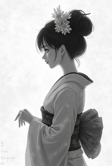 Delicate and simple geisha turned sideways black and white anime style 