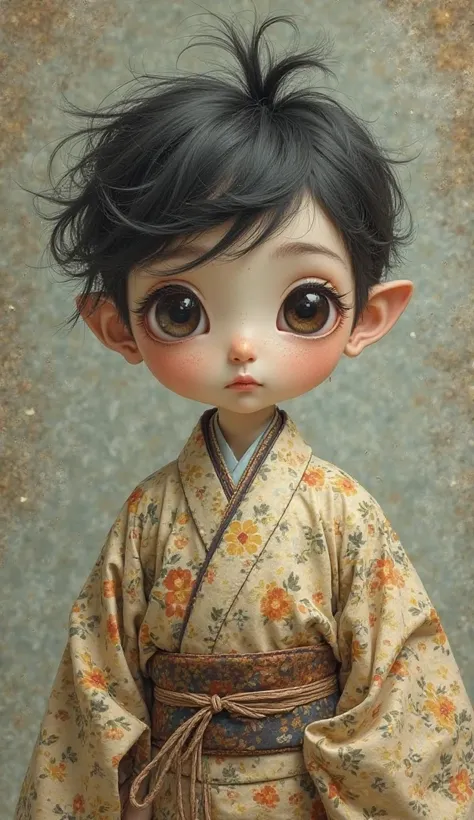  cute boy。 and is wearing a kimono。There is one big eye in the middle of the face