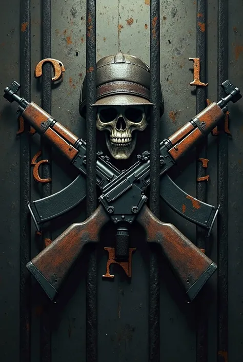 Call of Duty logo from Skull with hat with two Ak47 assault rifles forming an x behind bars like a Carles and with letters containing the name of extraditable people with letters from Call of Duty