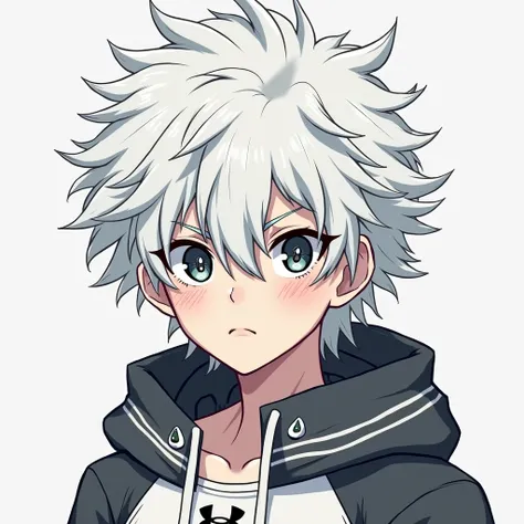 A boy of around 15 to , made in the form of a drawing of My Hero Academia, has white hair, some black irises and a small white cross crosses the irises, which only extends into the iris, arrives he has a calm and a little serious face, It is a bit sturdy a...