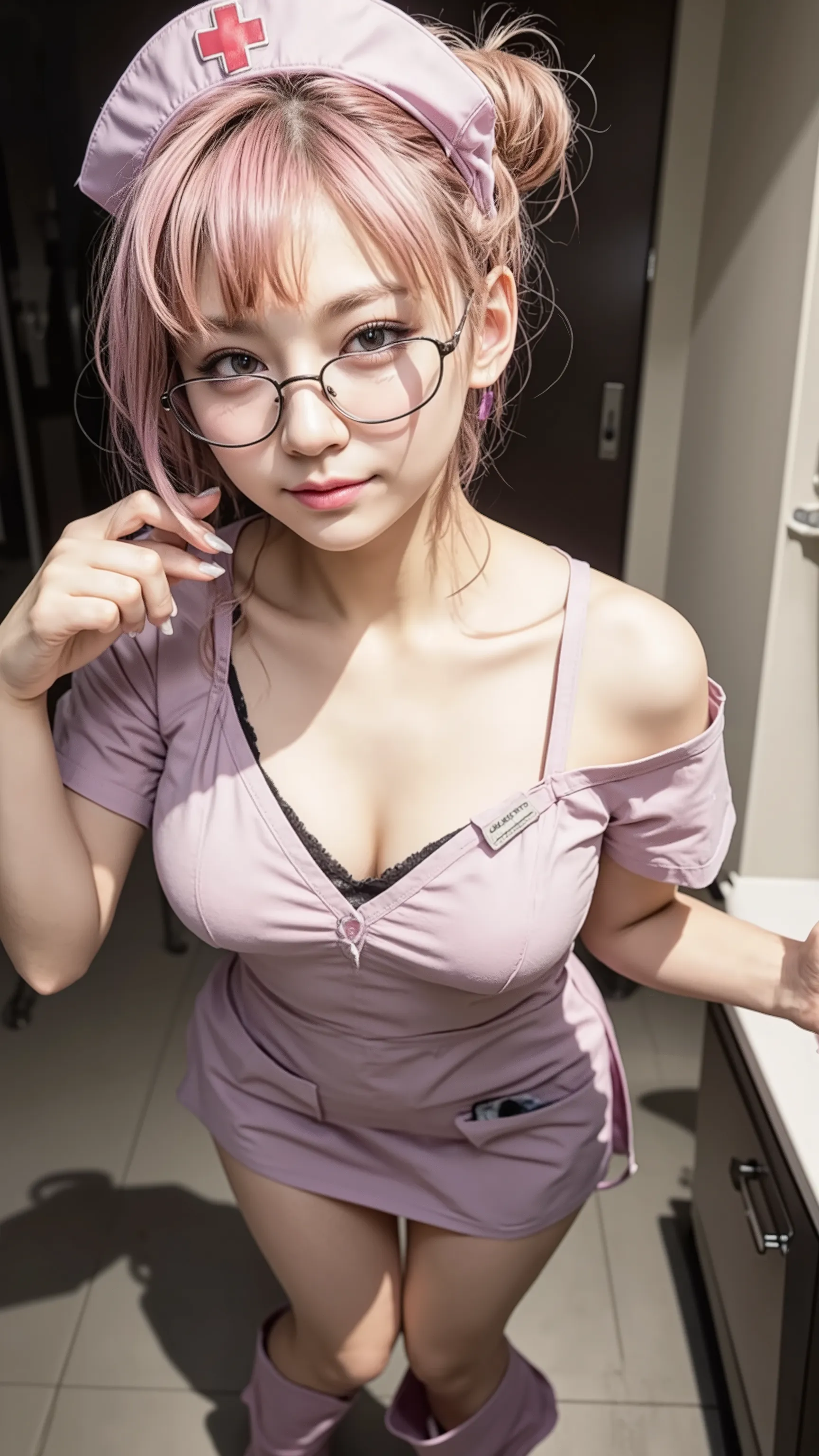 ((Medical Slab :1.5、 Wearing glasses  :1.3、Front )、 hospital の中で lean forwardで患者を覗き込む眼鏡をかけたinspection士のwoman、show your chest、Chest、small breasts、「 Where Is the Pain ??？」They said)、 hospital :1.4、(Nurse:1.4、Medical Scrubs:1.3、toned body)、(( super high densi...