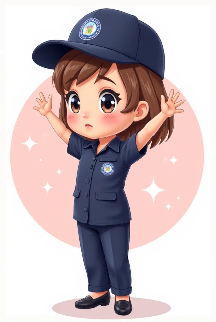 A cute cartoon style illustration of a brown-haired girl, wearing a dark blue short-sleeved uniform, slacks and a cap as the highlights, black pumps. She has a sad expression, big round eyes, and a wide smile. She raises both her arms to make a cross, indi...