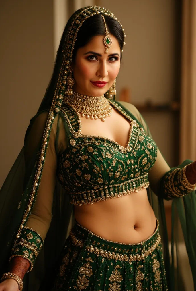 (masterpiece, best quality:1.2), She wears a deep emerald green lehenga, the gold zari work catching the firelight as she walks. Her sheer gold veil barely covers her sculpted waistline, leaving her perfect navel and toned stomach on full display. A grand ...