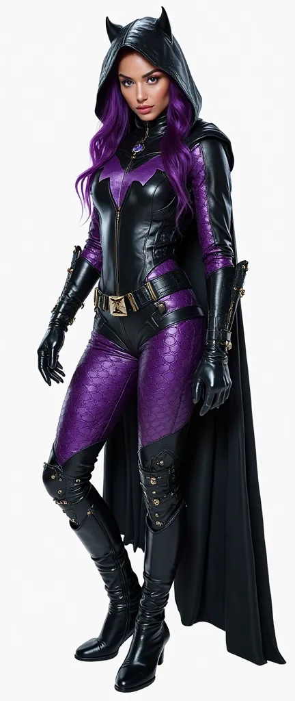 A beautiful and gorgeous Indian American heroin Violet hair Ravena,, wearing leather violet and black honeycomb textured tight fit leather sexy spandex costume. Silver details and trimmings..Silver gloves and belt and boots. Black leather hooded cape. hero...