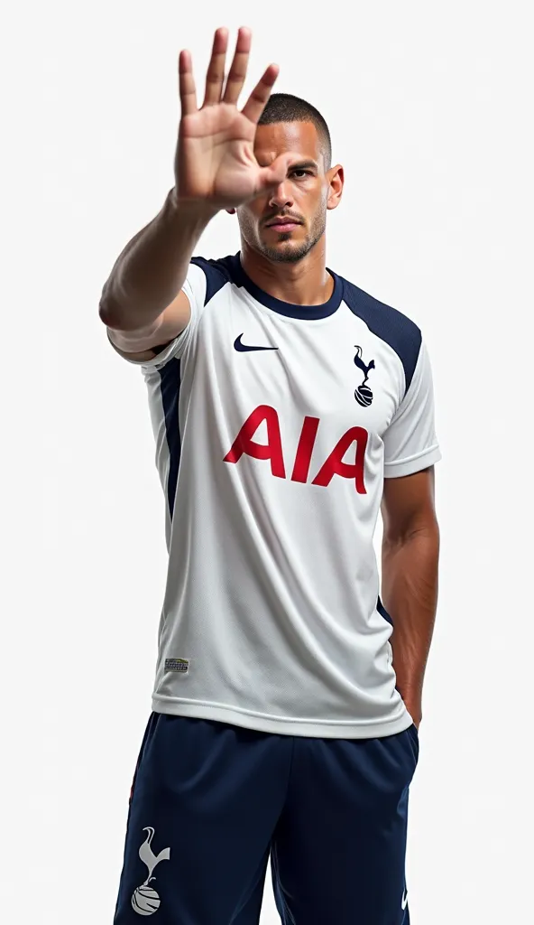 27-year-old male ,buzz cut,athletic and muscular body, And the marked mandible, with a with a white Tottenham Hotspur soccer jersey and navy blue Tottenham Hotspur shorts, poses on a white background. He is posing dynamically, covering his face with his ha...