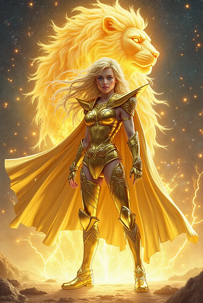 "A powerful female warrior wearing the legendary Leo Gold Cloth armor from Saint Seiya. Her golden armor is intricately designed with lion motifs, sharp edges, and detailed engravings, glowing under a cosmic light. She has long, flowing golden hair and pie...