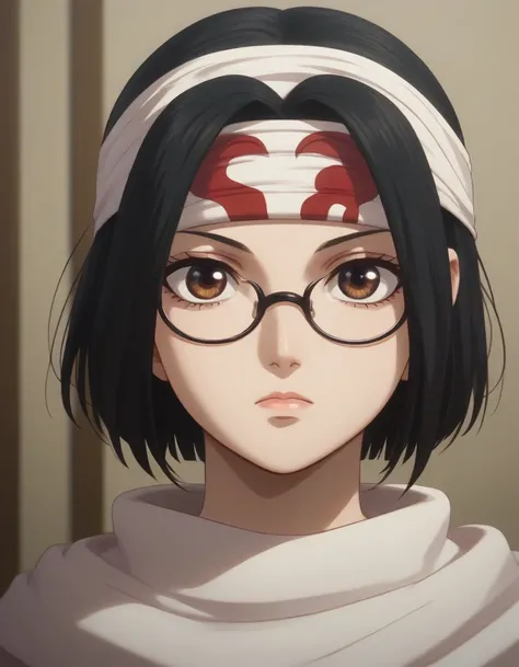  brown eyes very accurate clothing sharp gaze score_9, score_8_up, score_7_up, cowl headband on forehead detailed clothing beautiful girl kyoukai anime style anri sonohara, short hair, black hair, brown eyes, glasses, bob cut