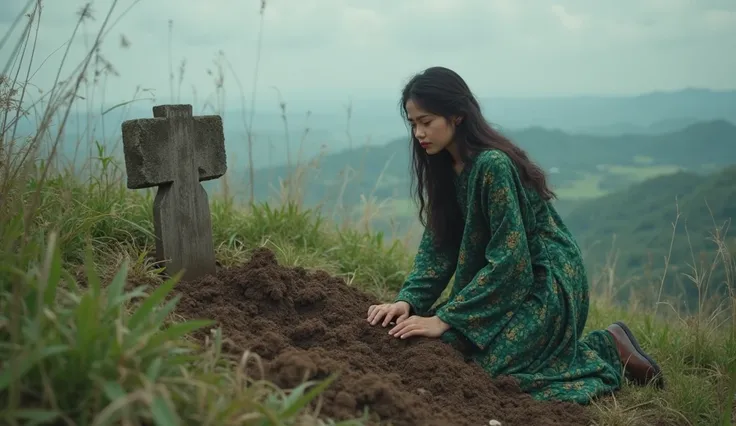 (photorealism:1.2), High-angle shot. A young Javanese girl, 25 years old, an innocent and hopeful face, wearing a simple green kebaya with batik cloth. Her hair is long and flowing. Kneeling in front of a grave, broken wooden tombstone. 
Her hands are hold...