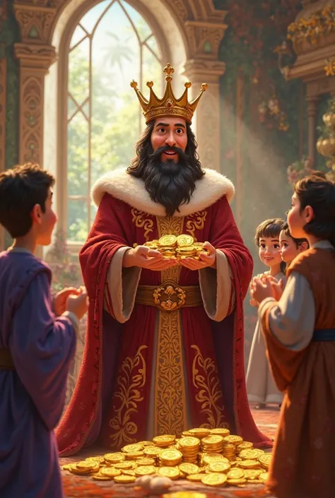 Disney Pixar style: a king gives coins to his servants (Parable of the talents)