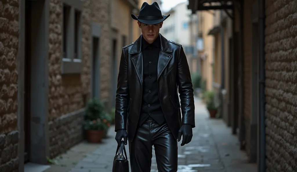 A young man wearing a black leather suit, leather pants, wearing black leather gloves, good shape, height 180, transparent, black hat, holding a small black square leather bag, walking in a dark alley.