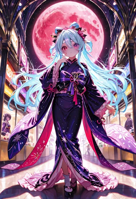 masterpiece,amazing quality,best quality,ultra-detailed,8k,illustration,CG,　 1girl , 1 beautiful girl doing a shopping mall photo session、 Lolita Style, light blue hair color ,Long Hair,  purple and white kimono , Left eye purple eye,The right eye has red ...