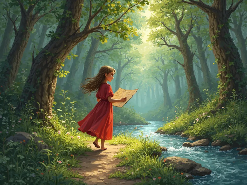 Emma ( wearing a bright red dress) walks through a lush green forest, following the old map. The tall trees form a natural tunnel, sunlight peeks through the leaves, and a sparkling river flows beside her. Her eyes are filled with curiosity as she looks ah...