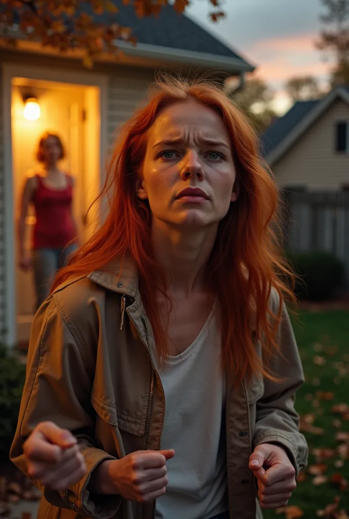 A19 year old age girl with fiery red hair, Emma, storms out of a suburban home at sunset, her face contorted with rage and frustration. She shouts "Mom, I hate you!" as the porch light casts a dramatic glow on her tense expression. Her mother, Sarah, stand...