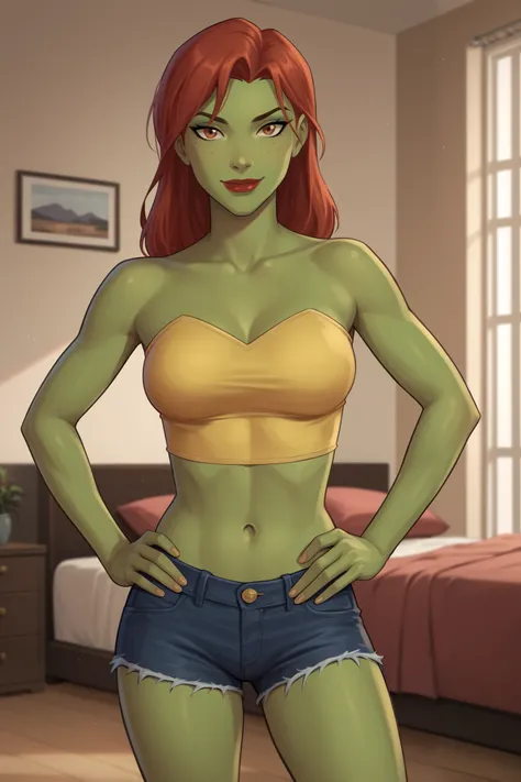 PonyXLV6_Scores BREAK (perfect anatomy, perfect eyes), BREAK mgann morzz, low bun hair, red hair, colored skin, green skin, freckles, brown eyes, makeup, bright red lipstick, ((looking at viewer)), superhero, dark yellow tube top, dark yellow jean shorts, ...