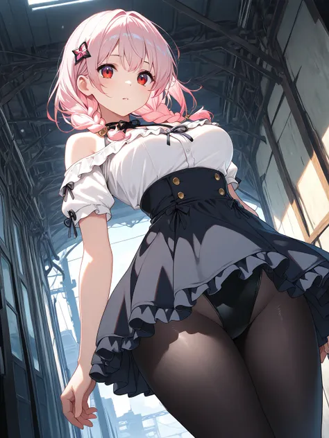 1girl, pink hair, twin low-braided medium hair, red eyes, off-shoulder white shirt, short sleeves, black sleeveless leotard, leotard under clothes, high-waist skirt, blue frilled skirt, frills, hair ornament, black pantyhose, cinematic angle,, (masterpiece...