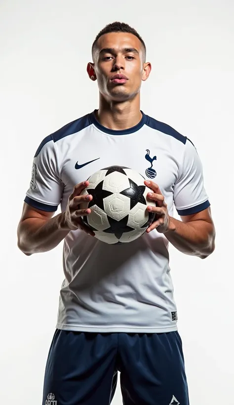 27-year-old male ,buzz cut,athletic and muscular body, And the marked mandible, with a with a white Tottenham Hotspur soccer jersey and navy blue Tottenham Hotspur shorts, poses on a white background. He is posing dynamically, kissing a soccer ball in his ...