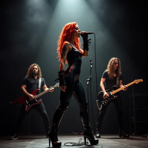 rock concert scene, rock singer (long red wavy hair, active makeup, black leather jumpsuit, high leather black high-heeled boots),  holding a microphone in her hand , sings into the microphone, next to one guitarist displays a guitar solo melody, rock band...