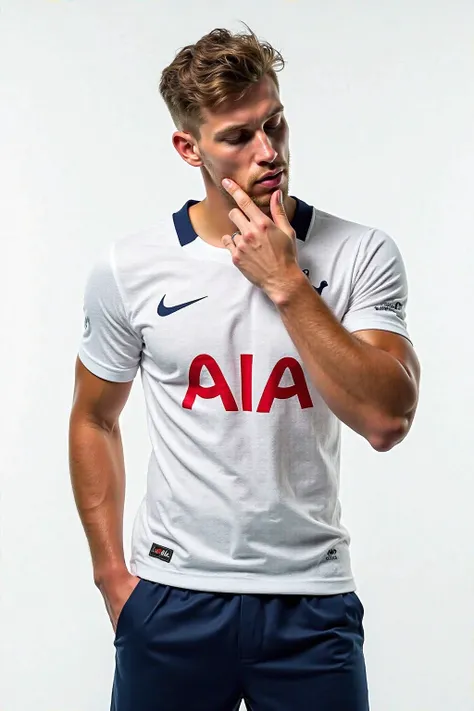 27-year-old male, short wavy fade hair , light tan , athletic and muscular body, And his jaw marked, with a white Tottenham Hotspur football shirt and navy blue shorts from Tottenham Hotspur, rests on a white background. He's posing dynamically, kissing th...