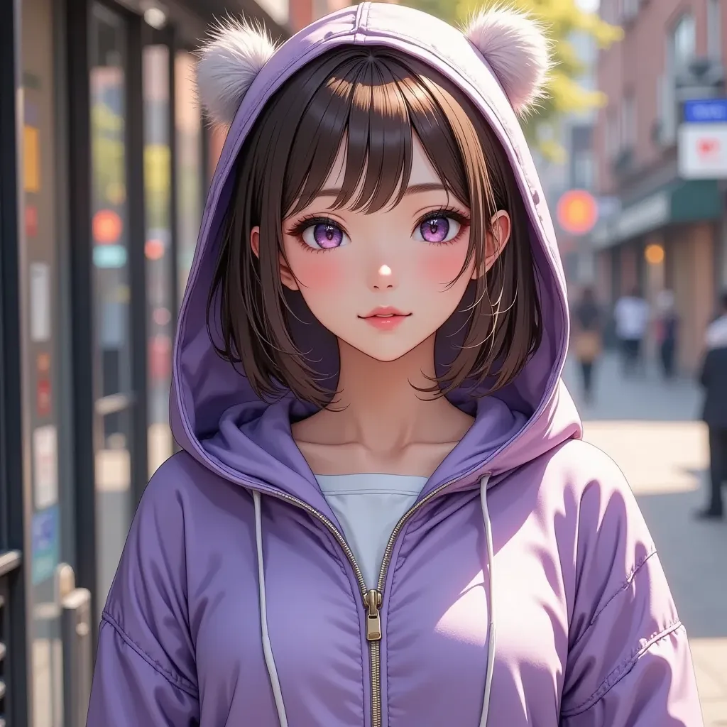 beautiful woman under hoodie　Purple medium length 　her eyes are clear and cute　casual and rough outfit　  style　Her face looks like an adult\n hair up　  kind eyes  　   let me eat 、 nice smile　Small Maltese　cute Maltese　
walk　 little skin exposure　 　   smile...