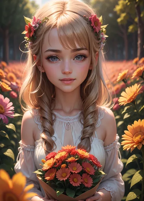 by Leopold Schmutzler,  8k resolution for kindergarten ren,  artistic style ,   beautiful details, Woman holding flowers、Beautiful blond woman covered in red cosmos flowers