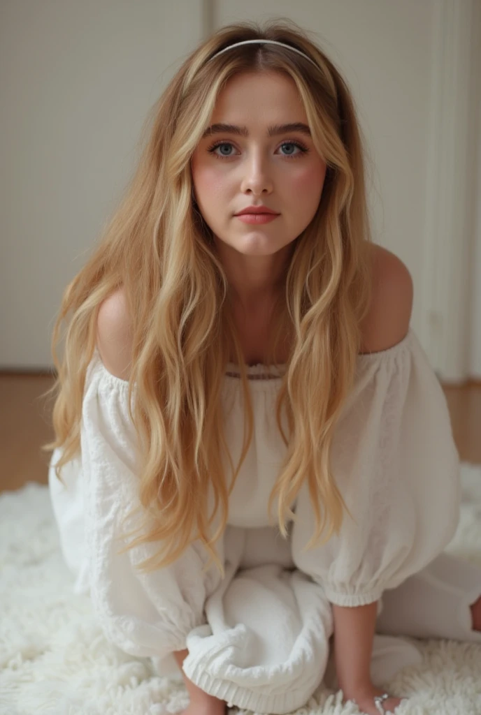 KATHRYN NEWTON,  a girl, Alone, Looking at the spectator, ,   headband  , To pull ,  from the front,  strabismus ,  beautiful,   pretty, Young gaze, Danish  , yoga,    very pale skin,  light brown hair , regions,   soft young body  ,  Instagram photo style...