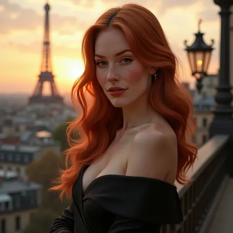 Create a hyper-realistic image of a stunning woman with vibrant red hair and fair skin with freckles, captured in a full-body portrait in Paris. She should be wearing an elegant black dress made of sophisticated fabric, fitted to her body, highlighting her...