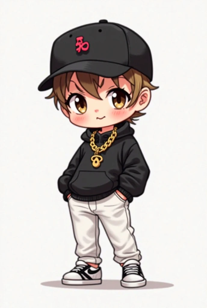 A Chibi with a black sweater, white jeans and a black jocky with a gold chain and white sneakers

