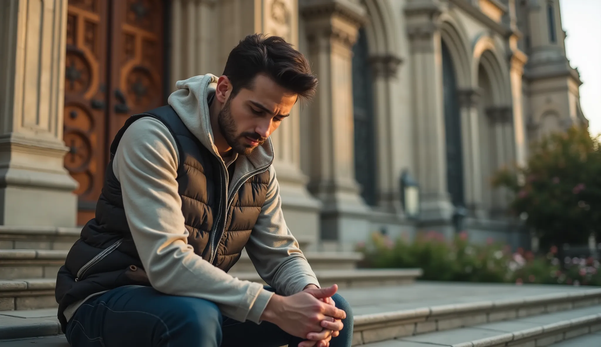 A handsome man with well-defined features sits slightly away from the camera outside a grand cathedral, his eyes closed and head bowed in deep prayer. The background, captured with a realistic high-resolution bokeh effect, softly blurs the church’s towerin...