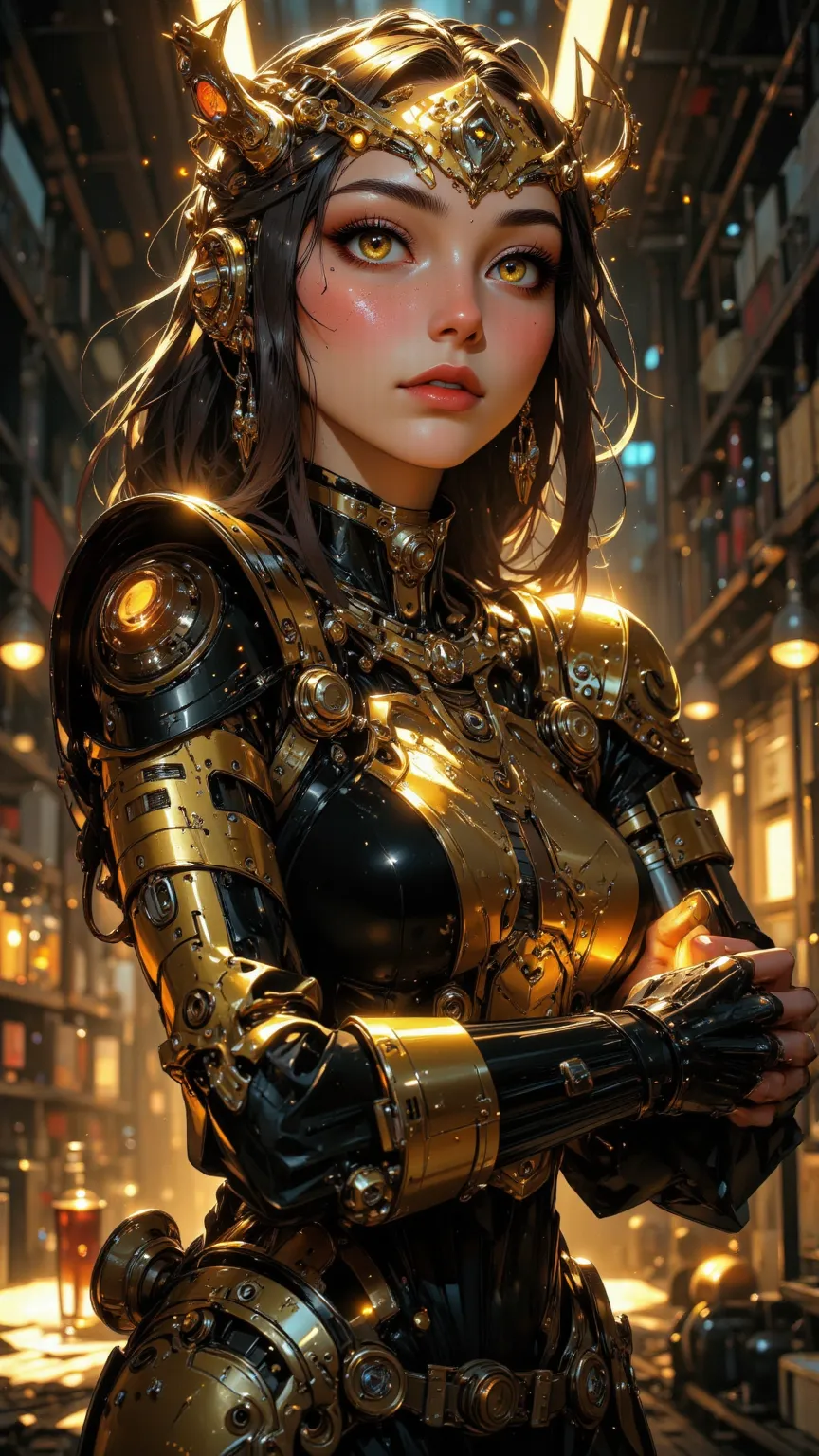 A charming piece of cyberpunk art，Dynamic action scene，expressiveness，Perfect beauty，Awesome，flawless features，perfect body，Stunning jewelry（gold，futuristic）， eyes（gold），hair（long hair，Straight，黑髮帶gold高光），Slender body， Black Lips ，Small wine cellar，Lovely ...