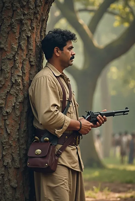 Generate image of ChandRashekhar azad is shooting himself in the back of tree and britishers have surrounded him with guns and he's showing his bravery and pose of chandra shekar Azad is that he has pointed gun on his head in alfred park  and situations ar...