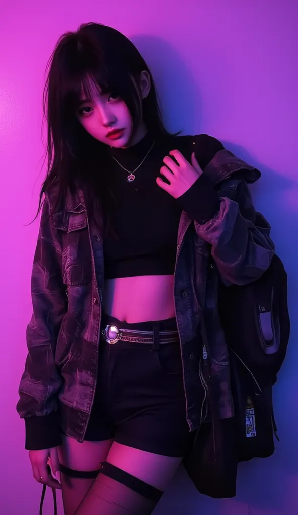 1girlfriend cool pretty, korean face, room, neon light, hairstyle long black and grey messy korean, perfect body, realistic, hd, 8k, cool outfite korean girl, perfect hand, perfect face, ultra reality quality, couple outfite, couple picture, couple shot,