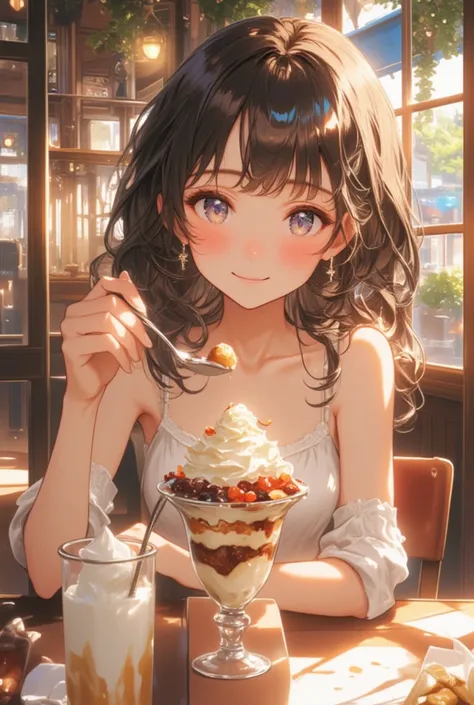 score_9, score_8_up , score_7_up , score_6_up , score_5_up , score_4_up , ( View from the front) (Eating parfait at a coffee shop) (Sit on the chair, there's a parfait on the table.)Beautiful anime style portrait, Detailed portrait of beautiful anime style...