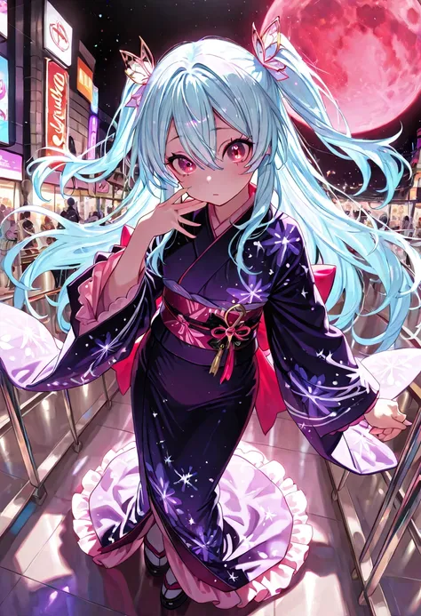 masterpiece,amazing quality,best quality,ultra-detailed,8k,illustration,CG,　 1girl , 1 beautiful girl doing a shopping mall photo session、 Lolita Style,  light blue hair color ,Long Hair,  purple and white kimono , Left eye purple eye,The right eye has red...