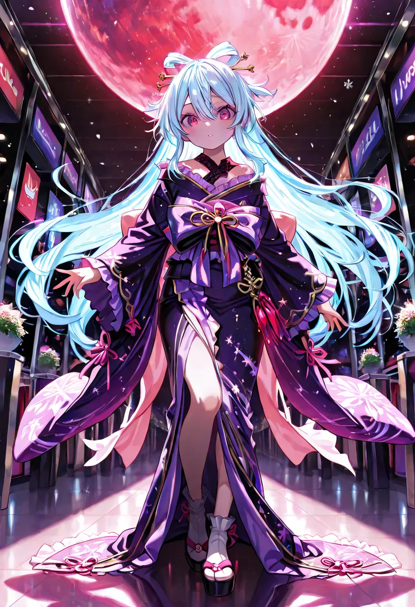 masterpiece,amazing quality,best quality,ultra-detailed,8k,illustration,CG,　 1girl , 1 beautiful girl doing a shopping mall photo session、 Lolita Style,  light blue hair color ,Long Hair,  purple and white kimono , Left eye purple eye,The right eye has red...